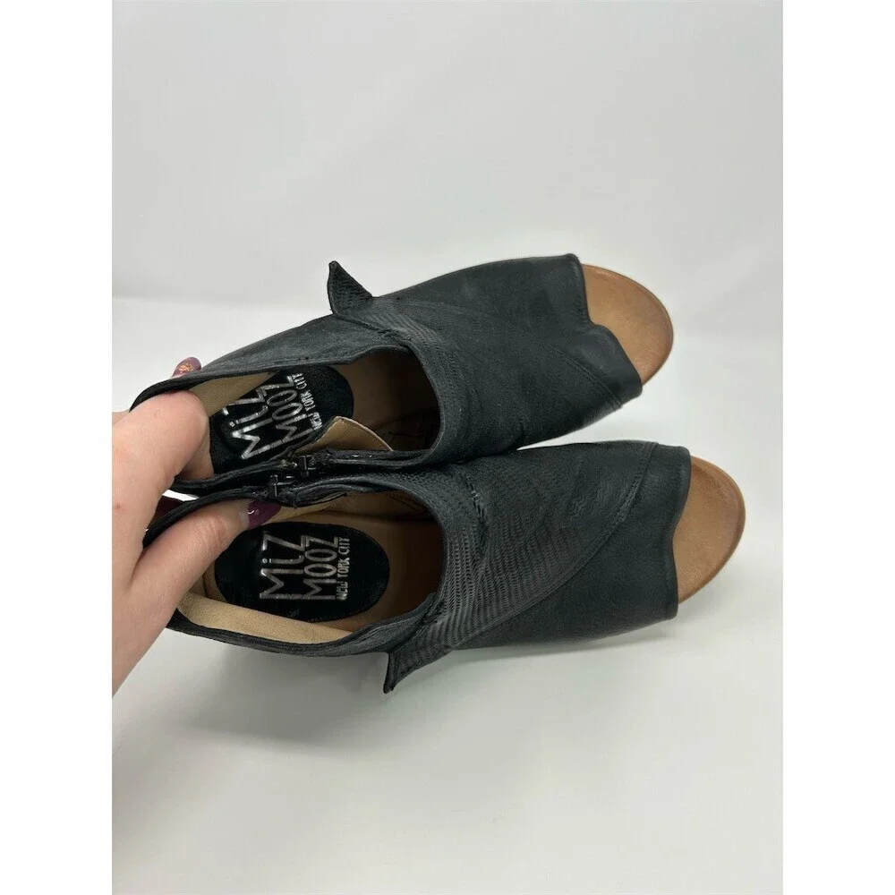 Miz Mooz Camp Ankle Booties Womens Black Peep Toe Side Zip Low Block Heel 40